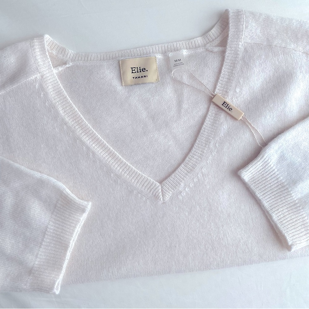 ELIE TAHARI CASHMERE V NECK SHORT SLEEVE SWEATER TOP NEUTRAL Frost White M